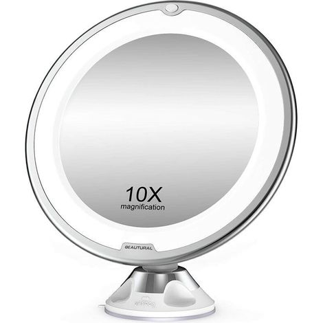 Specchio da trucco ingranditore 10x con luci a LED, 1 giunto sferico, regolabile a 360°, specchio cosmetico portatile per bagno, viaggio, ecc.