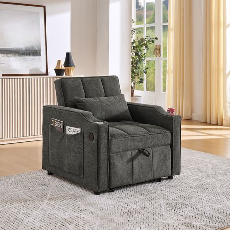 Fauteuil convertible 190 cm gris foncé en bois et tissu avec USB, USB-C, porte-gobelet et dossier réglable (1/5)