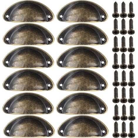 , 12 Pieces Vintage Shell Pull Handle for Kitchen Cabinets, Vintage Curved Iron Cupboard Door Handle, 8.2 cm x 3.5 cm, Antique Brass (1/4)