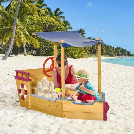 Outsunny Piratenschiff-Sandkasten aus Holz – Sonnensegel, Aufbewahrungskiste, Ruder – vorgeöltes Tannenholz