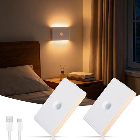 Lot de 2 veilleuses avec détecteur de mouvement et capteur crépusculaire - Rechargeable avec batterie - Modes nuit / jour / arrêt / marche - Veilleuse magnétique pour chambre d'enfant, chambre à (1/5)