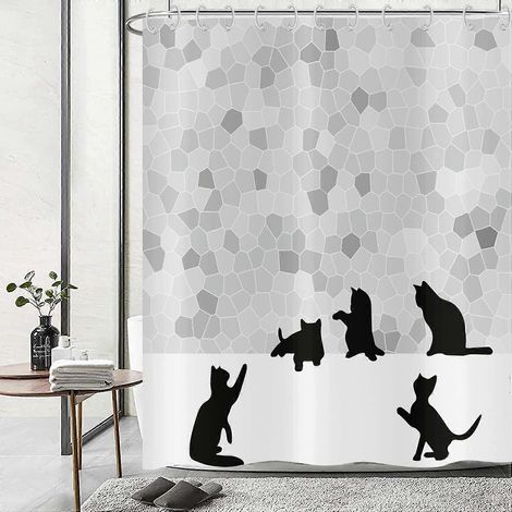 Rideau de douche chat amusant 180x200, rideau de douche silhouette de chat noir abstrait, rideau de bain mosaïque grise, tissu polyester imperméable et lavable (1/5)