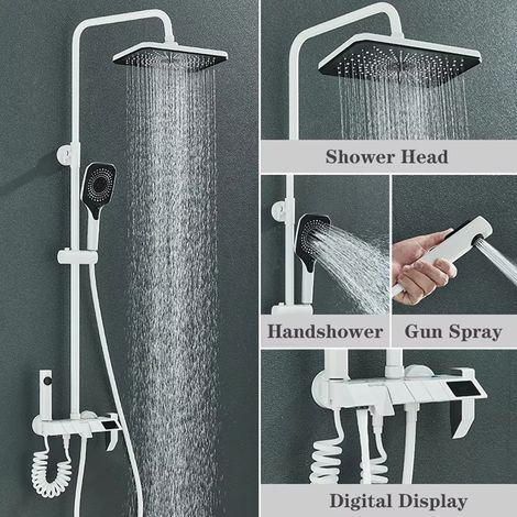 Ensemble de douche numérique Piano 4 fonctions (blanc) avec robinetterie de salle de bain, jet chaud/froid, effet cascade, affichage numérique et système de douche à effet pluie. (1/5)