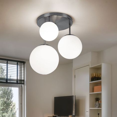 Plafonnier boule en verre satiné – 3 abat-jours E27 – Dimensions 46,5x44 cm – Design moderne pour salon et espaces de vie