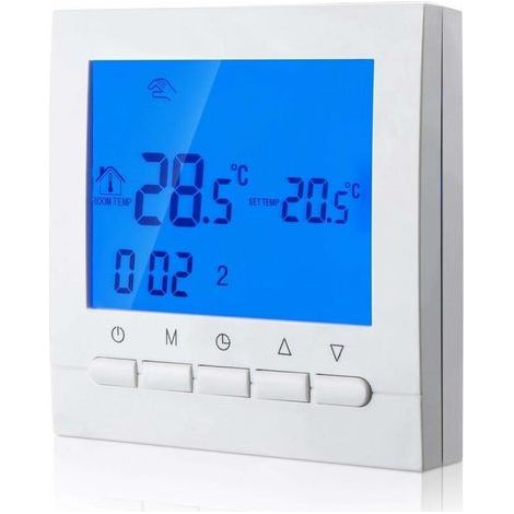 Digitales Heizungsthermostat mit 2-Draht-Anschluss und Programmierung für 6 Werktage und 2 Wochenendperioden.