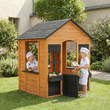 Cabane enfant extérieur en bois 3-8 ans fenêtres maison enfant extérieure demi-porte bacs à fleurs marron clair style élégant