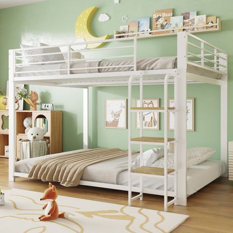Lit superposé 140x200 cm enfant avec escalier en bois antidérapant, structure silencieuse en métal - blanc (1/5)