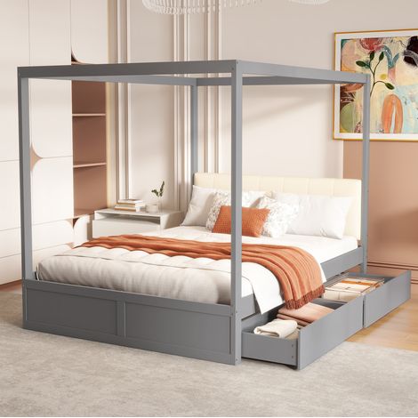 Lit baldaquin 140x200 cm en bois gris avec tête de lit rembourrée et 2 tiroirs (1/5)