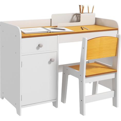 Bureau enfant avec chaise, ensemble bureau 2 pièces avec tiroir et armoire, blanc et naturel (1/5)