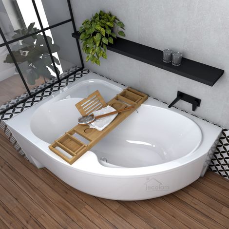 ECOLAM Baignoire d'angle Wela 170x100 cm gauche + tablier en acrylique  Planche en bambou  Pieds siphon + silicone  Set complet