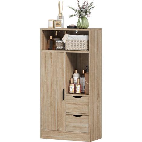 Schmaler, mobiler Badezimmerschrank mit 2 Schubladen, Ablagen und Schrankfach, 50 x 25 x 100 cm, Naturholz