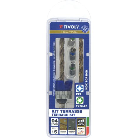 Tivoly • Kit Terrasse • Foret Ø5mm avec Fraisoir • Mèche & Fraise 2 en 1 Bois-Métal • 3 Embouts de Vissage INOX • Foret de Rechange Fourni • Butée de Profondeur Réglagle