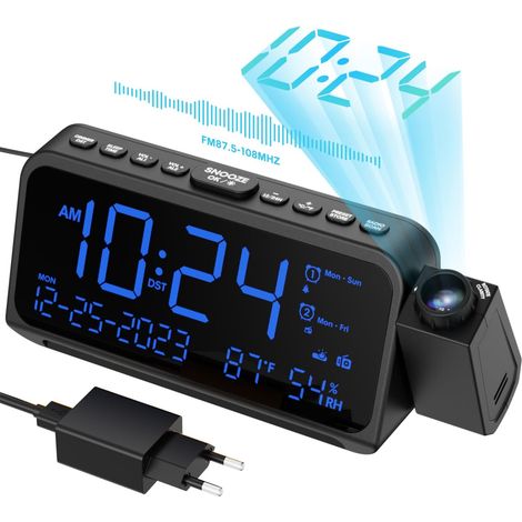 Radio-Réveil Projection Plafond, Radio FM Numérique, Horloge Projecteur avec Charge USB & Type C, Réveil Limineux Enfant avec Mode Week-End/Jour de La Semaine, Date, Température, Veilleuse (1/5)