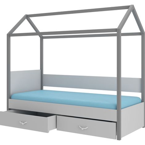 Lit enfant cabane bois pin gris graphite et gris clair 90x200 avec 2 tiroirs de rangement Forka (1/5)
