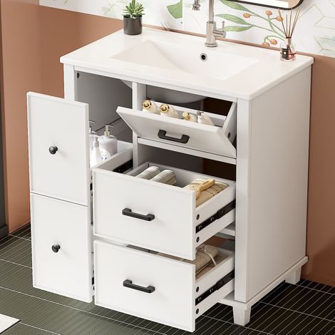 Ensembles meuble de salle de bains, lavabo sur pied 76,5x47x83,5 cm, vasque, entièrement laqué, tiroir latéral coulissant, blanc (1/5)