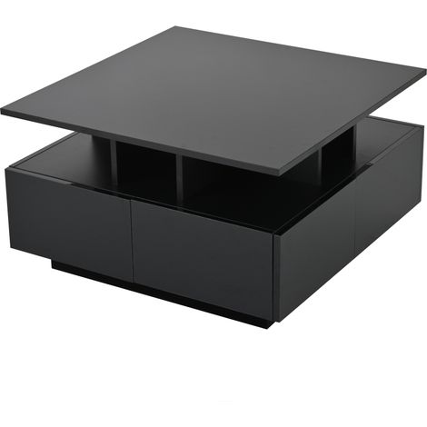 Table basse de salon 707040 cm, table basse laquée brillante, table de canapé avec éclairage LED, table de salon avec 4 tiroirs, table d'appoint au design géométrique, noire, capacité de charge totale (1/5)
