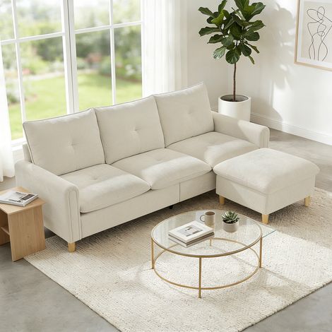 Canapé 3 places avec pouf de rangement, canapé d'angle modulable 210 cm, assise large, tissu aspect lin, couleur crème (1/5)