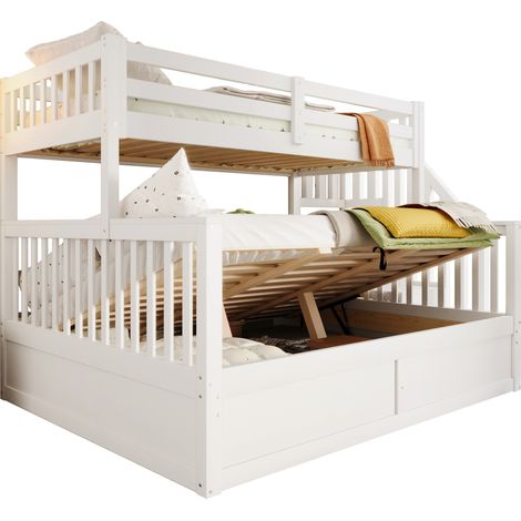 Lit Superposé 90/140x200cm - En Bois avec Rangement Hydraulique & Étagères - Pour Enfant, Chambre - Blanc (1/5)