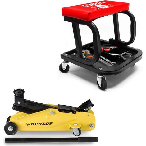 Tabouret de garagiste BM TOOLS avec Plateau Outils de Rangement & Cric Rouleur Hydraulique Compact DUNLOP 2T - Siège Rembourré (1/5)