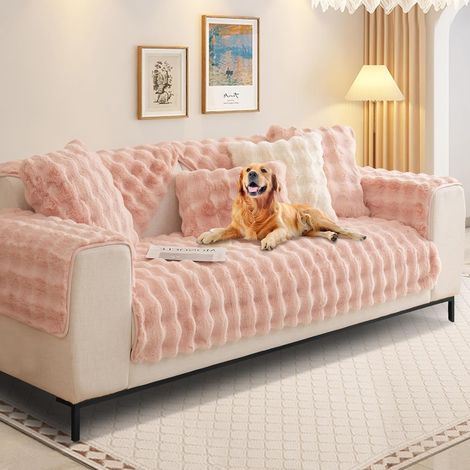 Thick L-Shaped Sofa Cover for 1/2/3/4 Seater Sofas, Protective Sofa Cover, Universal Non-Slip Faux Fur Sofa Cover for Living Room (Pink Plush, 45 x 45 cm) (1/5)