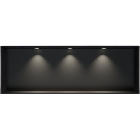 BERNSTEIN - Niche murale douche acier inox + 3 Spots LED, étagère douche encastrable - 30x90x10cm (HxLxP) - Noir, 3x Spot noir mat (1/5)