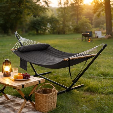 WOLTU Hängematte Doppelhängematte mit Gestell Seitentasche Kissen, Hängeliege belastbar bis 250 kg, für 2 Personen, für Garten Terrasse Balkon Camping, Dunkelgrau