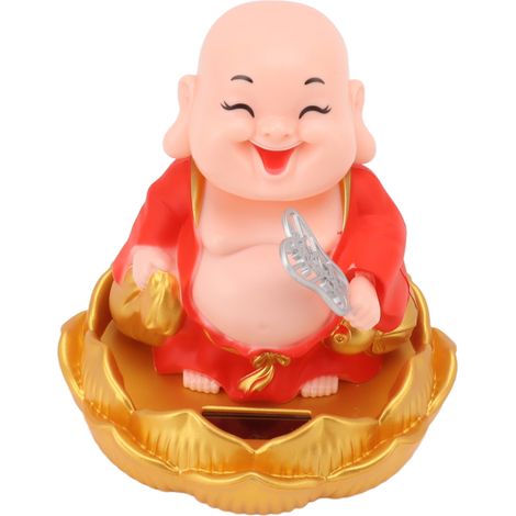 Statue de Bouddha à énergie solaire, Maitreya à tête oscillante, ornement de voiture, jouet porte-bonheur pour la richesse et la fortune, vêtements rouges (1/5)