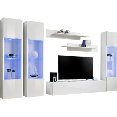 Mobile TV FLY C3 design, colore bianco lucido. Mobile sospeso moderno e alla moda per il tuo soggiorno.