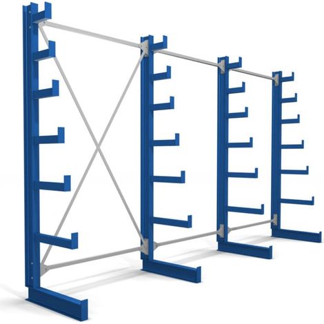 Rayonnage à bras en porte-à-faux STIER, simple, 3 travées avec 6 niveaux décroissants 3900x2000x500 mm, bleu gentiane