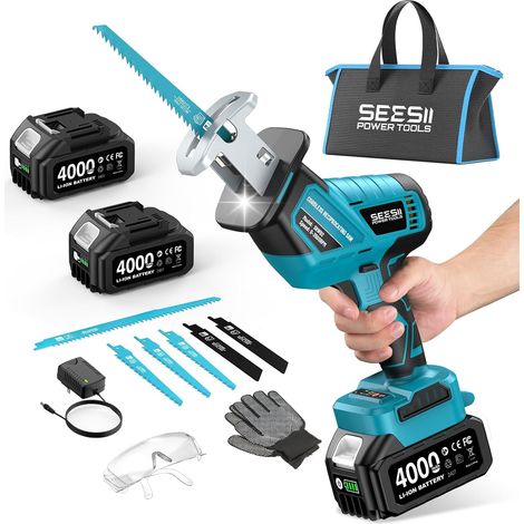 Scie Sabre sans fil 21V, Vitesses Réglables 0-3500 SPM, moteur sans balais Scie Sabre à Batterie avec 2 batteries de 4,0 Ah, éclairage LED, 6 lames portables pour le bois et le PVC (1/5)