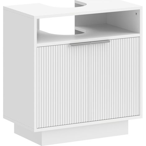 Meuble sous-évier avec 2 portes rainurées et compartiment ouvert pour évier sans colonne, 60 x 33 x 63 cm, blanc (1/5)