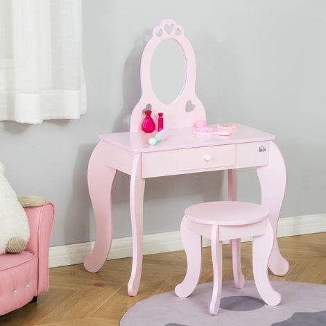Tavolo da trucco in legno per bambini HOMCOM, adatto a bambini dai 3 ai 6 anni, con cassetto, sgabello abbinato e specchio stile principessa, 60x36x88 cm, rosa.