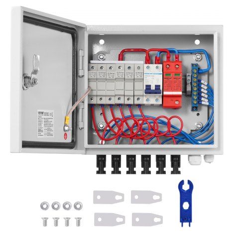 PV-Combiner-Box, 6-String, Solar-Combiner-Box mit 15 A Nennstromsicherung, 125 A Leistungsschalter, Blitzableiter und Solaranschluss, Stahlgehäuse für On-/Off-Grid-Solarpanelsystem, IP65 (1/5)