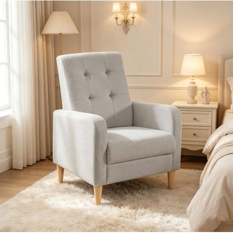 Poltrona 51x48x90.5 cm grigio chiaro in lino e legno massello con schienale alto capitonné (1/5)