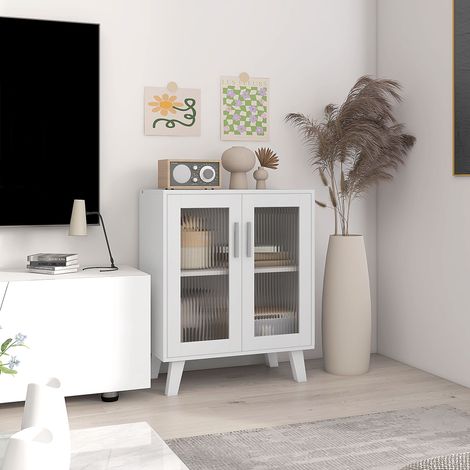 Buffet 2 portes, buffet de salon avec 2 étagères, portes transparentes pour cuisine ou entrée, blanc, 61 x 35 x 75 cm (1/5)