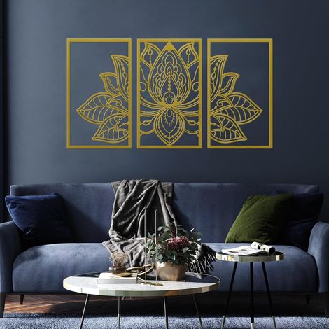 Ensemble de 3 pièces de décoration murale en métal grand fleur de lotus, mandala de religion et de foi pour mur de salon, chambre à coucher, bureau et salle de yoga (Or, Grand) (1/5)