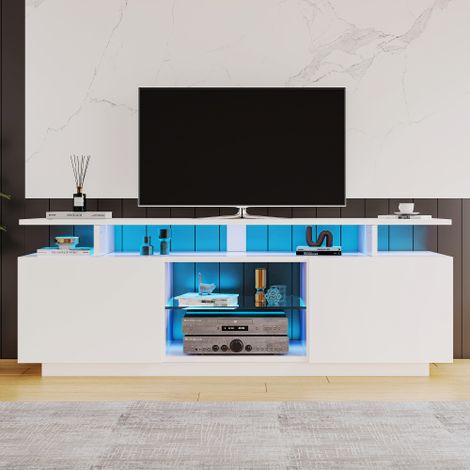 Meuble TV Blanc avec Éclairage LED 16 Couleurs, 140 cm – Meuble de Rangement Élégant pour TV jusqu’à 60 Pouces, Façades Brillantes, Étagères en Verre (1/5)