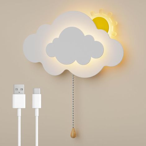 Applique Murale Intérieure Enfant LED Sans Fil Rechargeable, 4000mAh Lampe Murale Nuage avec Interrupteur à Cordon pour Chambre Bébé et Chevet, 7W 560LM, 3000K-6000K, Blanc (1/5)
