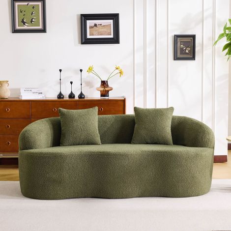 Canapé 2 places incurvé beige accoudoirs ronds compression sans montage 2 coussins mousse ressorts salon chambre cosy design