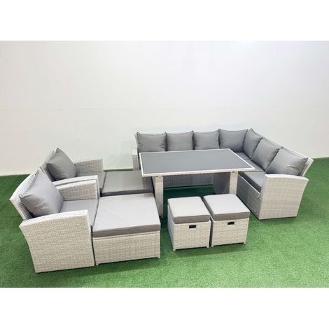 Fimous Outdoor Garden Furniture Sets 12 Seater Wicker Rattan Corner Sofa Sets with Rectangular Dining Table Lounge Sofa 4 Footstools Light Grey (1/4)