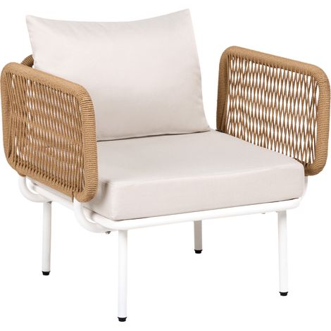 Sillón moderno de metal y ratán sintético tapizado de tela jardín terraza beige claro Baucina (1/5)