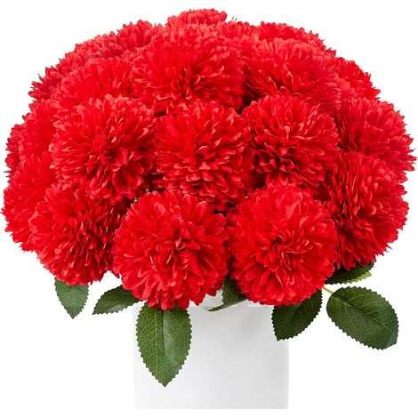 Lot de 12 fleurs artificielles rouges comme de véritables chrysanthèmes - Fleurs artificielles rouges - Fleurs en plastique - Vases décoratifs pour arrangements floraux, mariages, décorations (1/5)