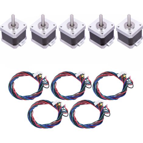 Paquete de 5 controladores de motor paso a paso Nema-17, bifásicos, ángulo de 1,8°, 0,9 A, 0,4 Nm, paso de 42 mm, con cable de conexión. Pieza de repuesto para impresoras 3D y máquinas CNC. (1/5)