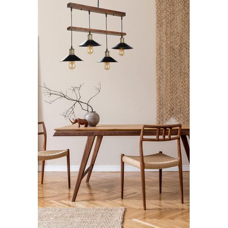 Lustre rustique industriel, corps en bois et capuchon en métal, diamètre 15 cm, hauteur 80 cm, réglable, douille E27, marron et noir Parfait pour les maisons de campagne (1/2)