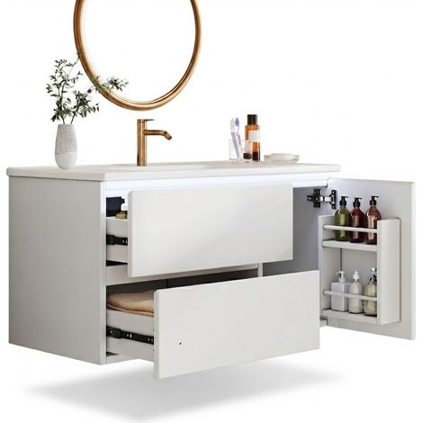 ELVMI Mobile Sottolavabo con 2 Cassetti, 1 Vano e LED con Sensore Radar, Bagno, 91.5 x 46.5 x 50.5 cm, in MDF e Ceramica, Bianco (1/5)
