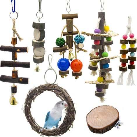 Jouets pour Oiseaux 7 Pièces avec Jouets à mâcher et Moudre pour Cage à Oiseaux - Idéal décoration de Volière et Jouets à Cloches pour Perroquets, Perruches, Petite Aras (1/5)