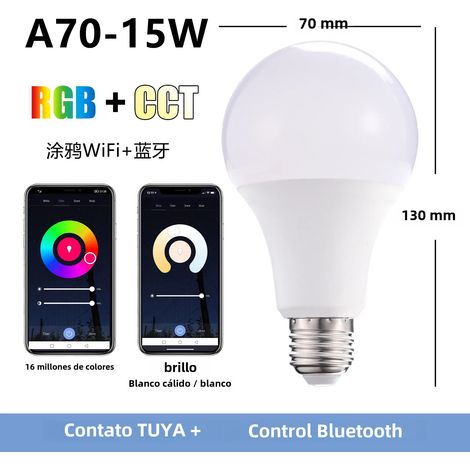(WiFi A70 15W) Ampoule LED intelligente avec RGB+WW, prend en charge la commande vocale Google Home et l'application mobile. (1/4)