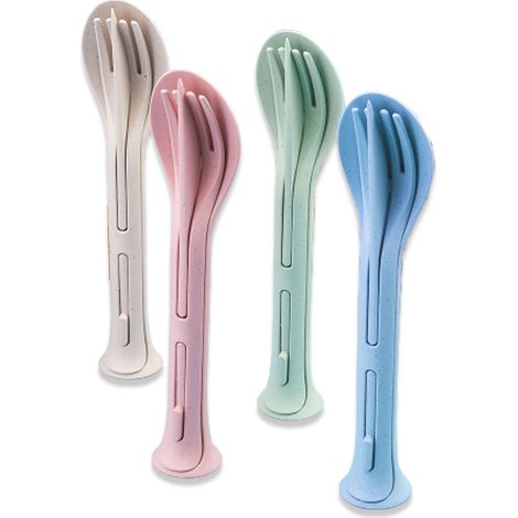 Ensemble de 4 couverts pour enfants en paille de blé (couteaux, fourchettes et cuillères), vaisselle portable 3 en 1 pour étudiants (1/5)
