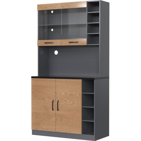 Aparador de Cocina Alto con 4 Compartimentos Ajustables, 2 Puertas, LED y Pasacables, MDF, Gris Natural, 100 x 47 x 187 cm (1/5)