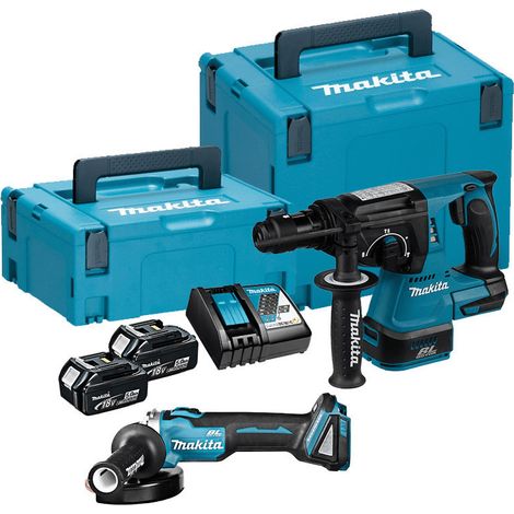 Makita – Pack de 2 outils électroportatifs 18V – Mini-meuleuse DGA504 avec moteur Brushless – Perfo-burineur DHR243 – 2 batteries 5.0Ah